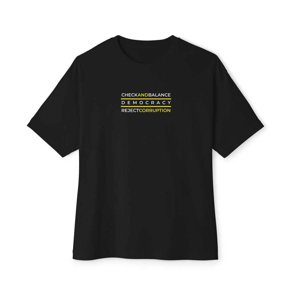 Black t-shirt with text on a white background Check and balance Democracy shirt