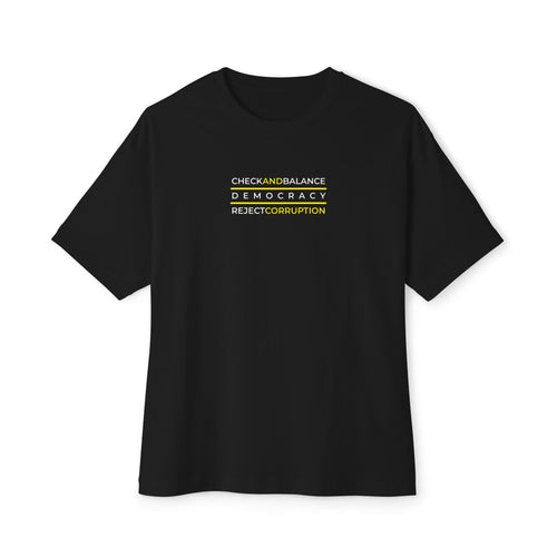 Black t-shirt with text on a white background Check and balance Democracy shirt