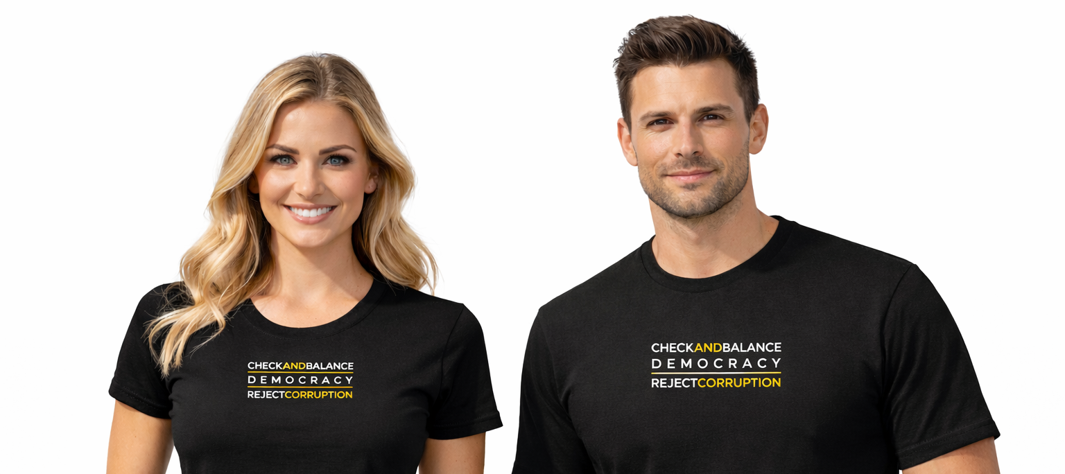 Woman and man wearing Check and Balance Democracy shirts